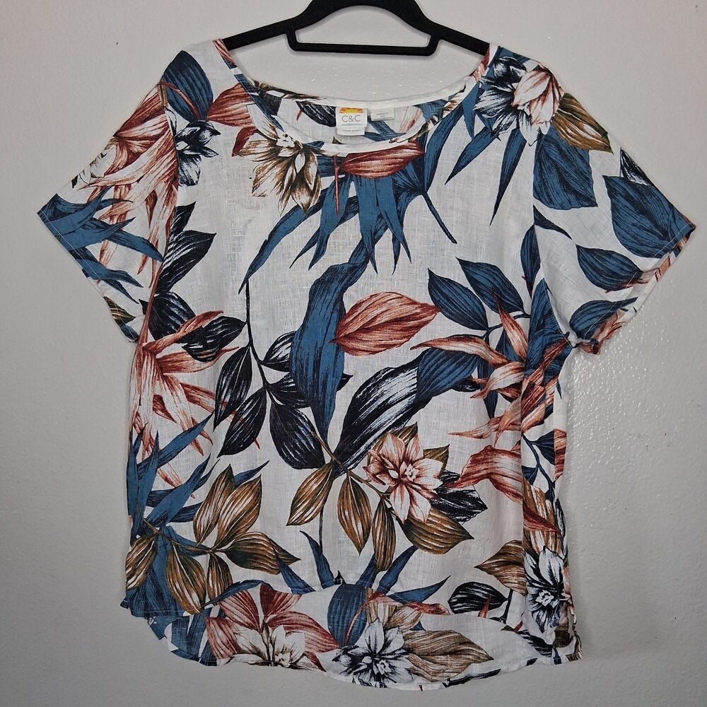 C&C California Linen Blouse Tropical Floral Boxy Top Hi-Low 1X